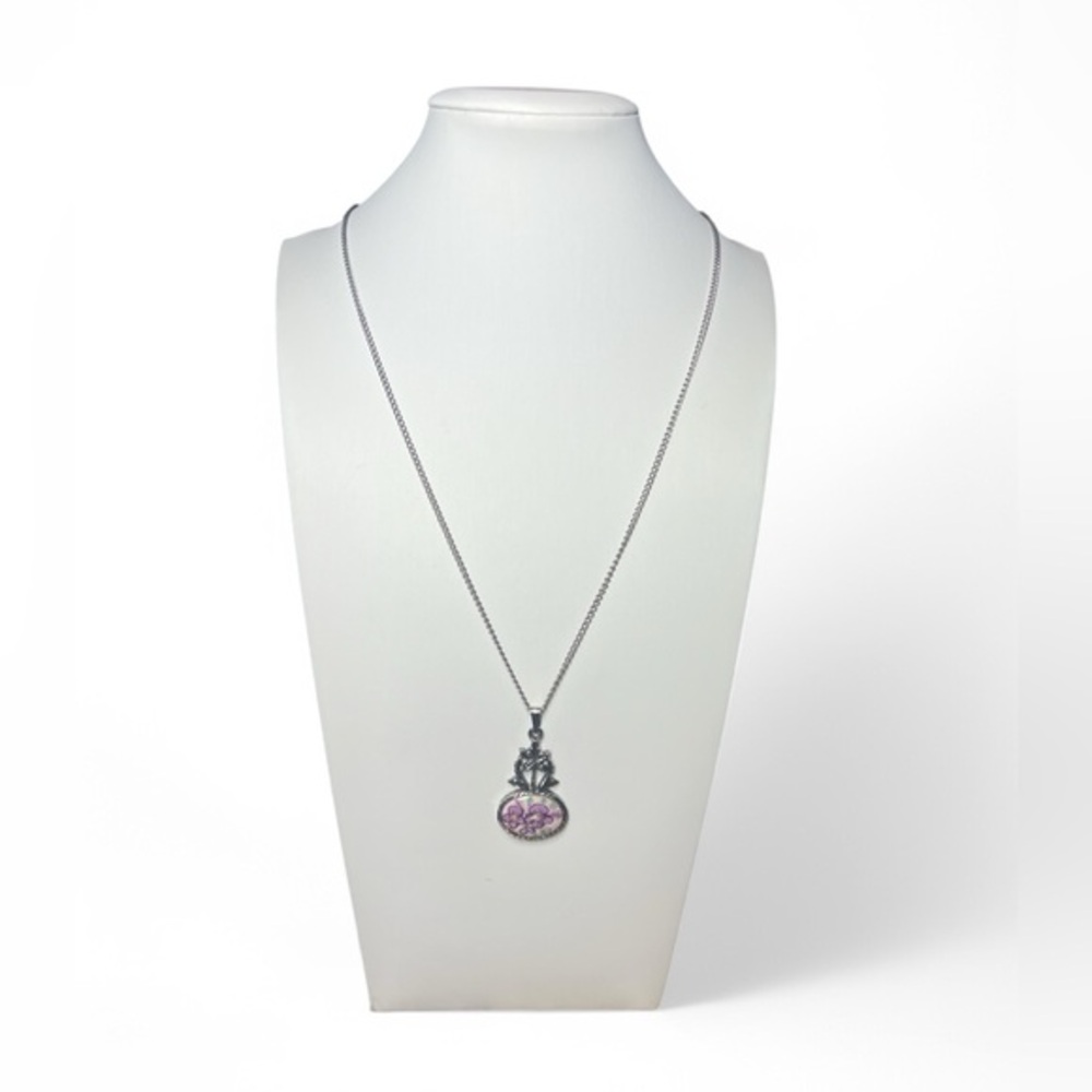 Vintage Violet Hand Painted Porcelain Necklace 23" Drop Botanical Silver Tone - Picture 1 of 4